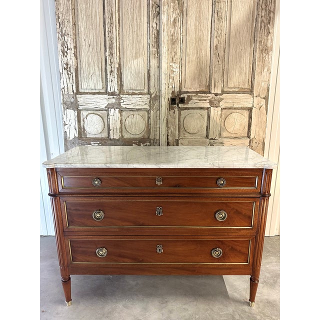 Louis XVI Style Commode with White Marble Top, 1970s For Sale - Image 11 of 11