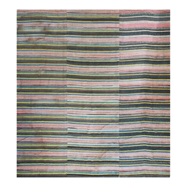 1880s Multicolor Stripe Antique American Rag Rug 8'9" X 9'5" Knotted Wool Carpet For Sale