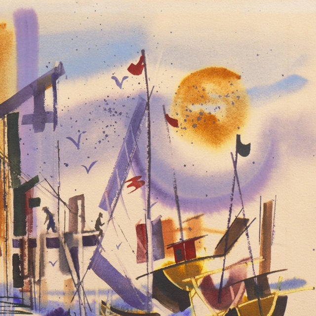 Paper 'Fishermen at Monterey Wharf' by Katherine Wengi, Mid-Century Woman Artist, Watercolor Society of Oregon For Sale - Image 7 of 11
