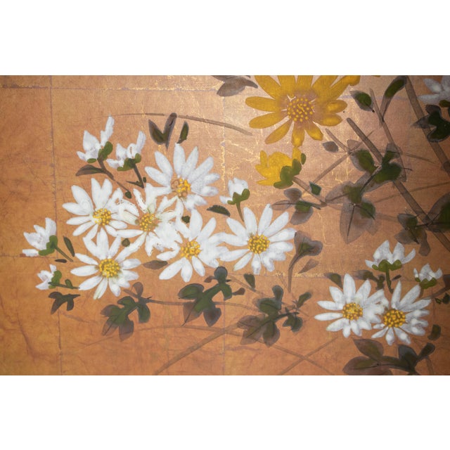 Copper "Autumn Flowers", 1970s Showa Era Japanese Painted Byobu Screen For Sale - Image 8 of 18