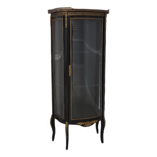 Vintage Louis XV Style Brass & Ebony Marble Top Vitrine Curio Cabinet For Sale