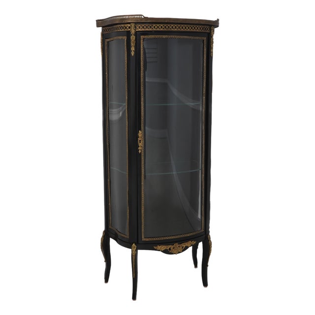 Vintage Louis XV Style Brass & Ebony Marble Top Vitrine Curio Cabinet For Sale
