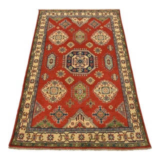 Kazak Rug 4′ X 6’2” Red Wool Tribal Hand-Knotted Oriental Carpet For Sale