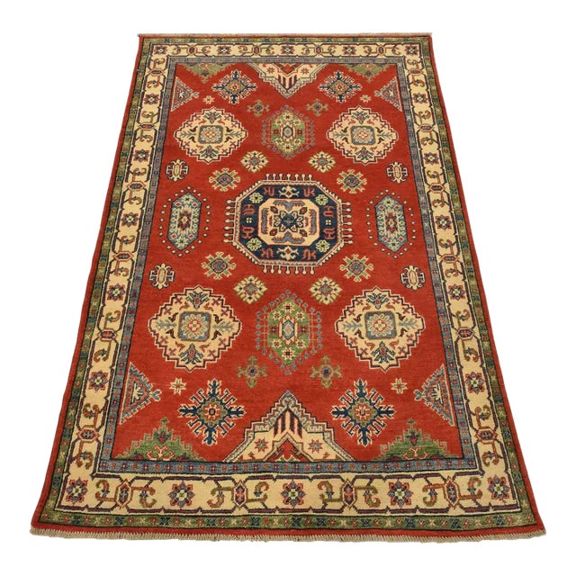 Kazak Rug 4′ X 6’2” Red Wool Tribal Hand-Knotted Oriental Carpet For Sale