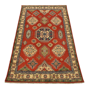 Kazak Rug 4′ X 6’2” Red Wool Tribal Hand-Knotted Oriental Carpet