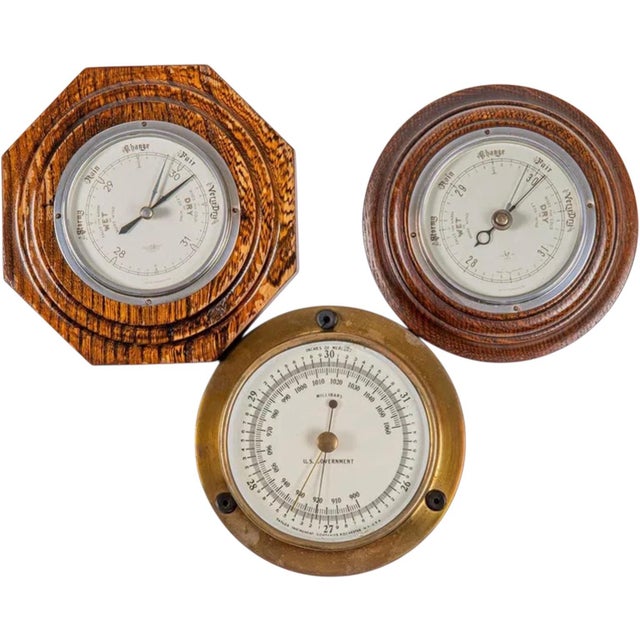 20th Century English and American Brass and Oak Navy Ship Barometers Set 3 For Sale In Atlanta - Image 6 of 6