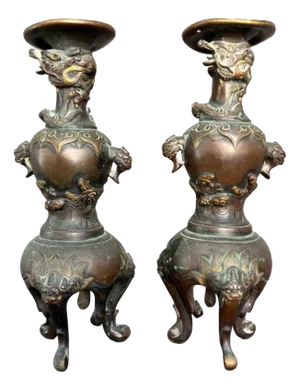 Bronze Candlesticks, Japan, 1870s, Set of 2