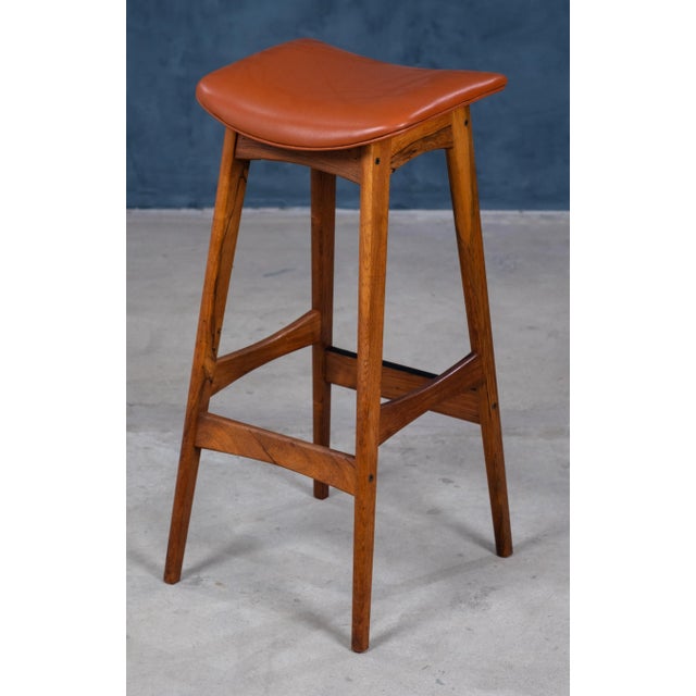 Wood Mid-Century Rosewood & Leather Bar Stools by Erik Buch for Dyrlund, Set of 4 For Sale - Image 7 of 14