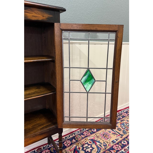 Brown Antique English Arts & Crafts Oak Leaded Stained Glass Bookcase Cabinet c.1930s For Sale - Image 8 of 17