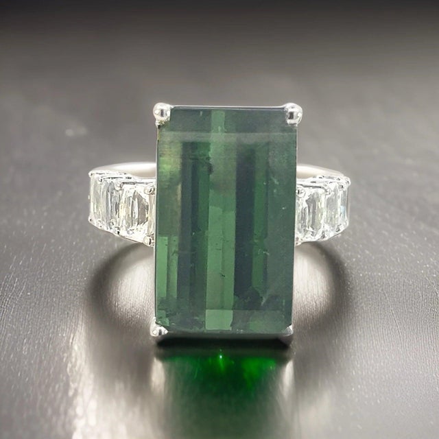 Natural Tourmaline White Sapphire Ring 6.75 14k WG 21.03 TCW Certified For Sale - Image 13 of 18