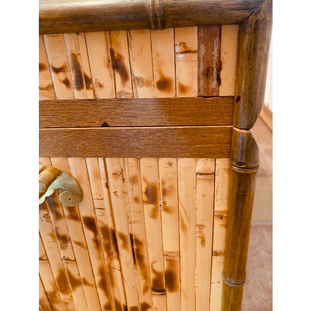 Mid-Century Campaign Style Scorched Split Reed Bamboo Trunk, Coffee Table With Brass Handles and Closure in the Manner of Ralph Lauren For Sale - Image 9 of 12