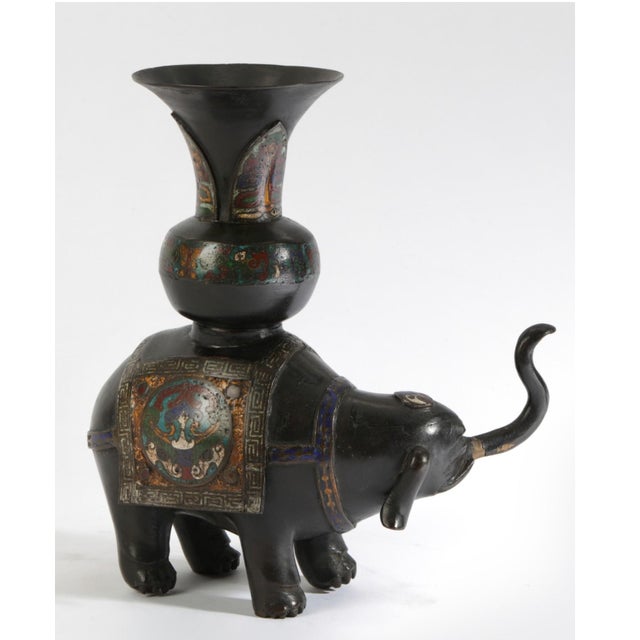 Antique Japanese Champlevé Enameled Bronze Elephant Okimono Vase.