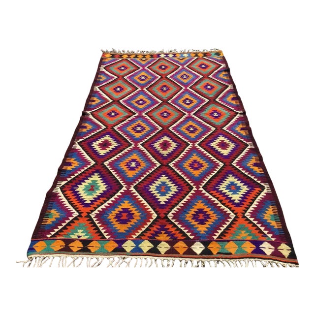 1960s Bright Colored Turkish Kilim Rug- 64" X 112" For Sale
