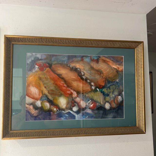 Modern American watercolor framed signed titled Sushi and Caviar