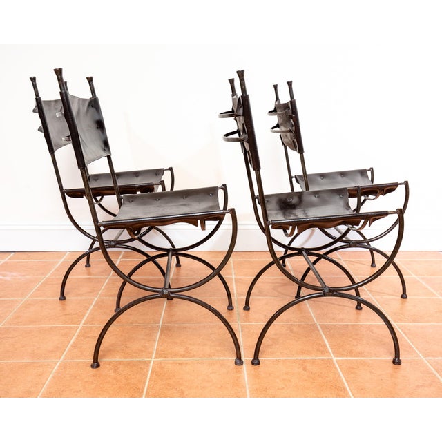1970s Vintage Dining Chairs in Leather and Wrought Iron, 1970s, Set of 4 For Sale - Image 5 of 18