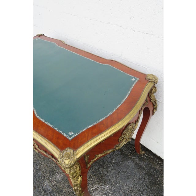 French Green Leather Top With Metal Accent Large Partner Desk 6117 For Sale - Image 14 of 18