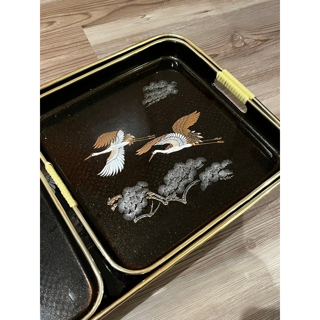 Plastic Set of 3 Mid 20th Century Japanese Maki Style Black Lacquer Effect Resin Two Trays Gold Painted Cranes For Sale - Image 7 of 13
