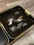 Plastic Set of 3 Mid 20th Century Japanese Maki Style Black Lacquer Effect Resin Two Trays Gold Painted Cranes For Sale - Image 7 of 13