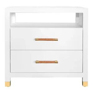 Matthew Izzo Home Hancock Matte White Lacquer Two Drawer Side Table With Rattan Draw Pulls
