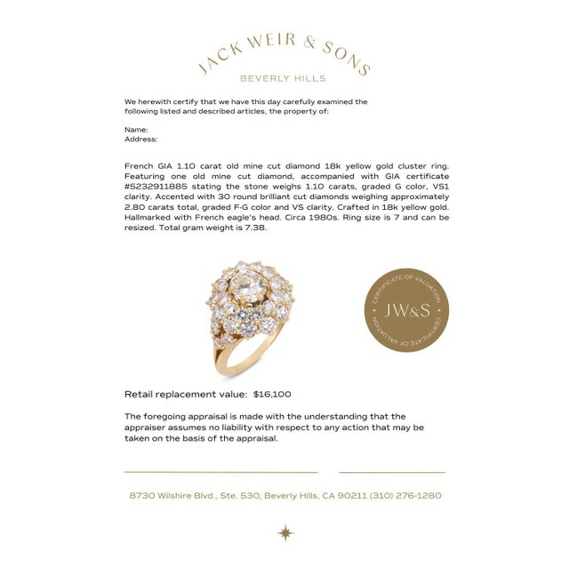Gold Mid 20th Century French Gia 1.10 Carat Old Mine Cut Diamond 18k Yellow Gold Cluster Ring, , Size 7 For Sale - Image 8 of 8