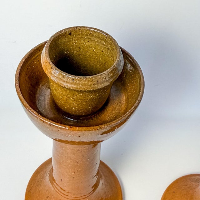 Ben Owen Sr Master Potter Candlesticks Pair Nc Pottery Tobacco Spit Glaze For Sale - Image 4 of 12