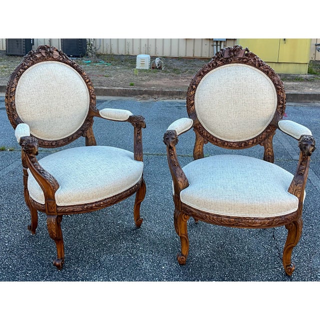 Ivory 19th-C. French Neo-Classical Carved Walnut Bergere Chairs With Rams - Pair For Sale - Image 8 of 9