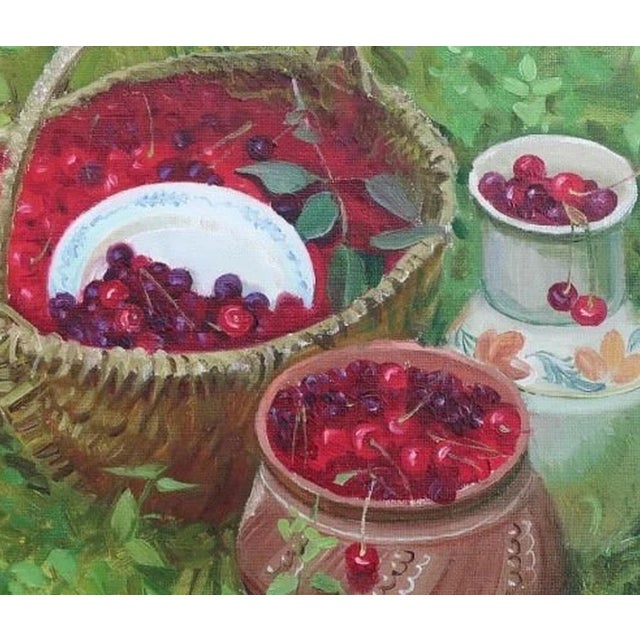 Vintage Still Life Oil Painting: Cherries, Basket, Ukrainian Art 60-70 For Sale - Image 4 of 6