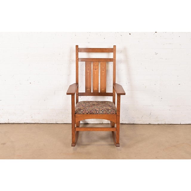 Mission Stickley Harvey Ellis Collection Mission Arts & Crafts Inlaid Oak Rocking Chair For Sale - Image 3 of 13
