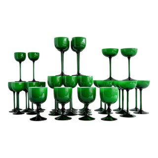 1960s Carlo Moretti Italian Green Cased Glasses- Set of 36 For Sale
