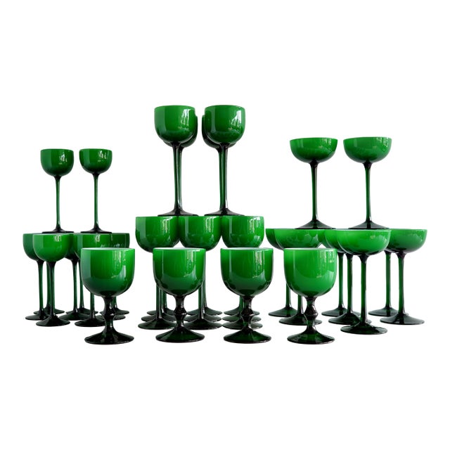 1960s Carlo Moretti Italian Green Cased Glasses- Set of 36 For Sale
