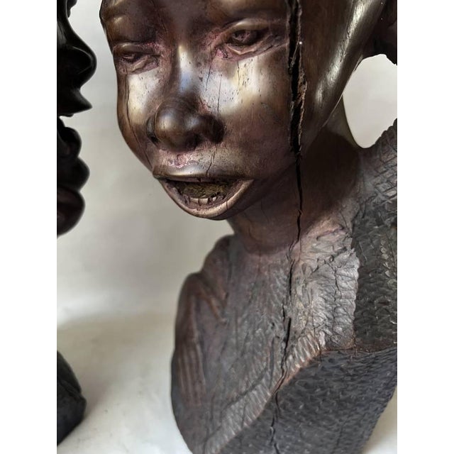 Pair of Vintage Traditional African Ebony Wood Man & Woman Carving Busters For Sale - Image 10 of 17
