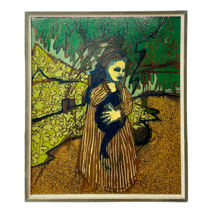 Dorothy Cutter, (Untitled) Little Girl Cradling Her Black Cat, in Greens and Chestnut