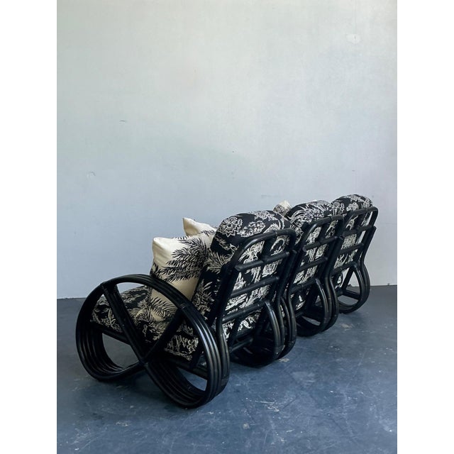 Vintage Black Rattan Sofa in Quadrille “Royal Journey” For Sale - Image 10 of 18