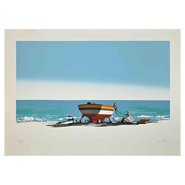 Enotrio Pugliese, Seascape with Boat, Screen Print, 1960s For Sale
