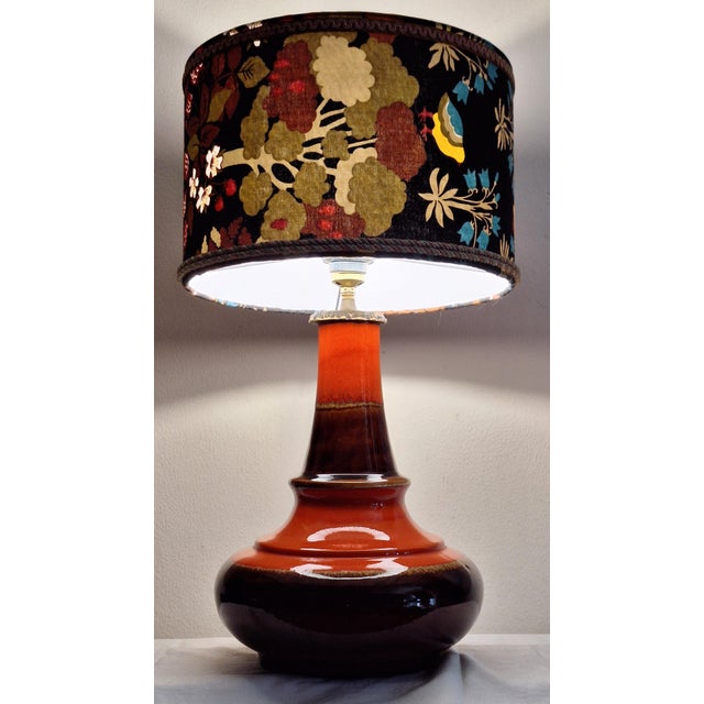 Vintage German Table Lamp with Orange-Brown Ceramic Base and Fabric Shade, 1970s For Sale - Image 6 of 8