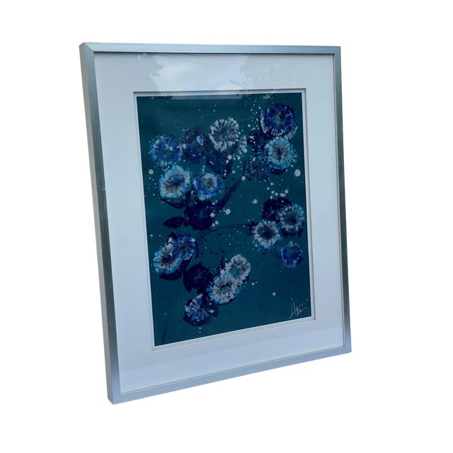 This vintage artwork is an original mixed media painting done in various shades of blues with a hint of white. The overal...