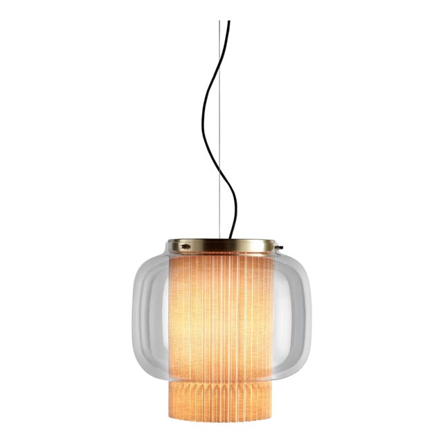 Beige Textile Manila T Pe Suspension Lamp in Steel and Glass by Sebastian Herkner for Parachilna For Sale