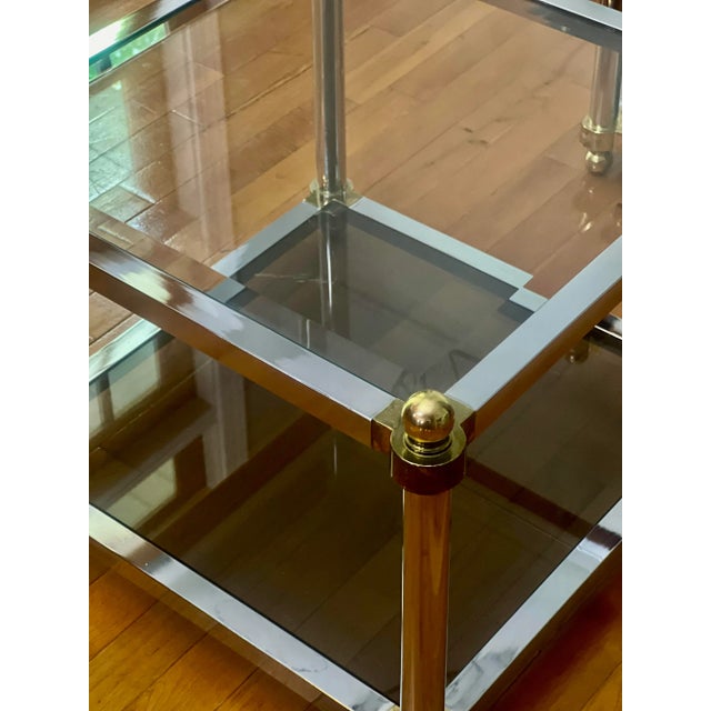Mid Century Maison Jansen Style Two Tier Brass and Chrome Glass Square Tables, Pair For Sale - Image 12 of 12
