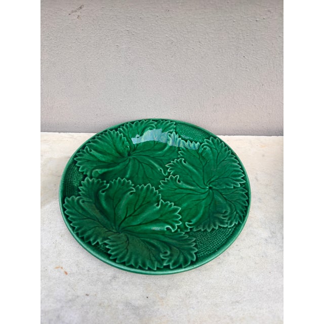 French Green Majolica Leaves Plate Clairefontaine, circa 1890.