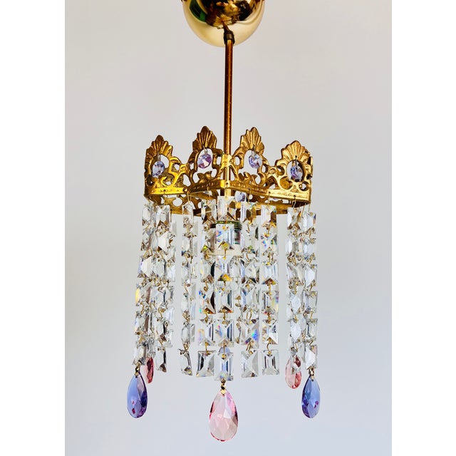 Vintage Brass Crystal Mini Chandelier With Pink Purple Prisms For Sale - Image 11 of 13