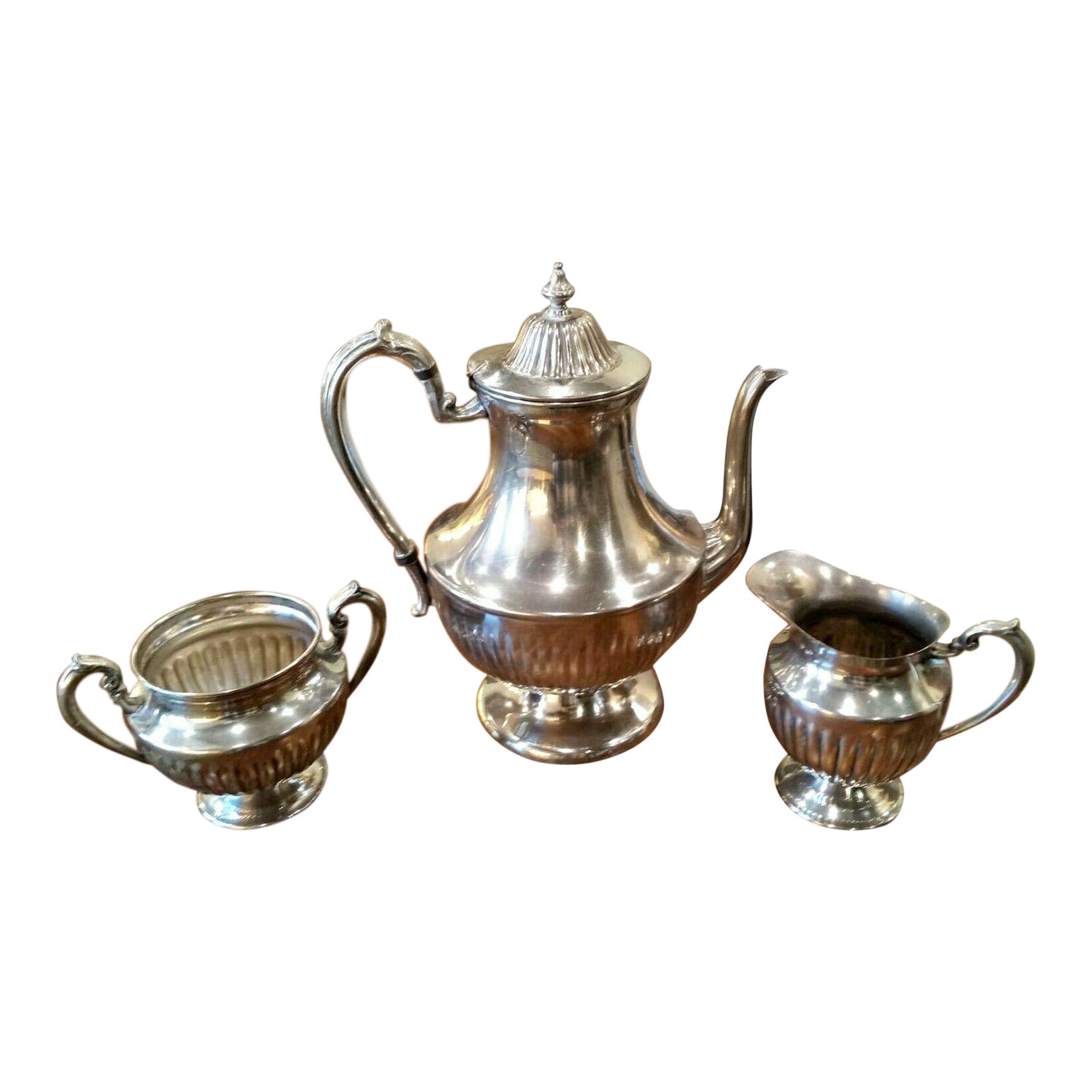 Antique Double Silverplate on Copper Coffee Pot Sugar Creamer Set by