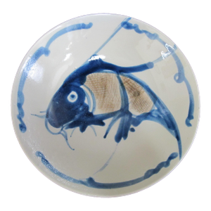 Chinese Blue & White Porcelain Underglazed Koi Carp Fish 8 1/4" Bowl