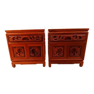 Late 20th Century Pair of Japanese Hand Carved Nightstands ~ Matched Pair For Sale