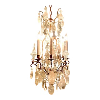 Late 19th Century French Gilded Bronze Quartz Rock Crystal 6-Light Chandelier For Sale
