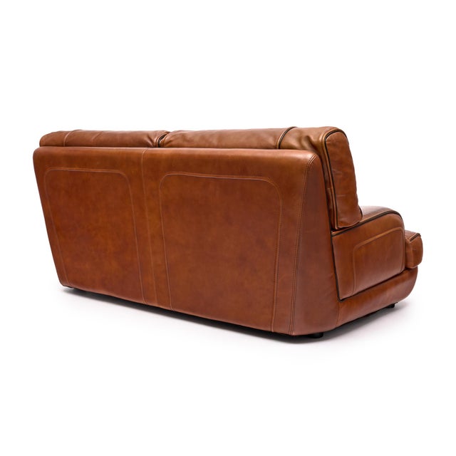 Brown Italian Modernist Cognac Large Two Seat Leather Sofa For Sale - Image 8 of 9
