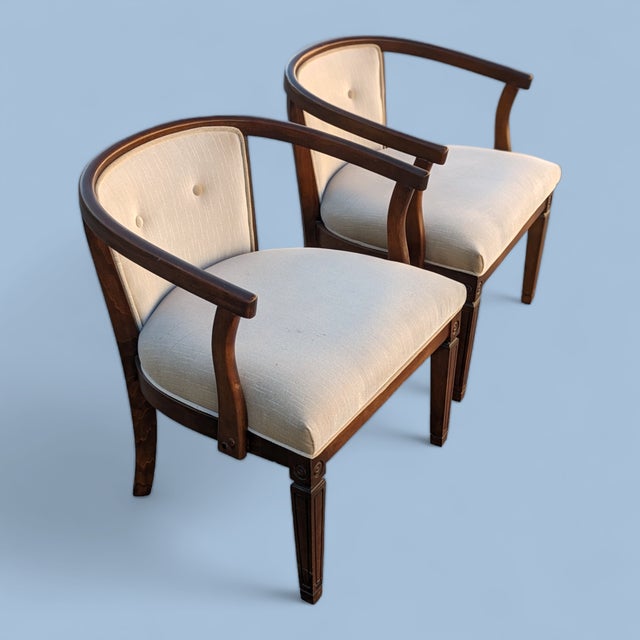 Late 20th Century Pair of Vintage Curved Wood and Upholstered Barrel Armchairs For Sale - Image 5 of 14