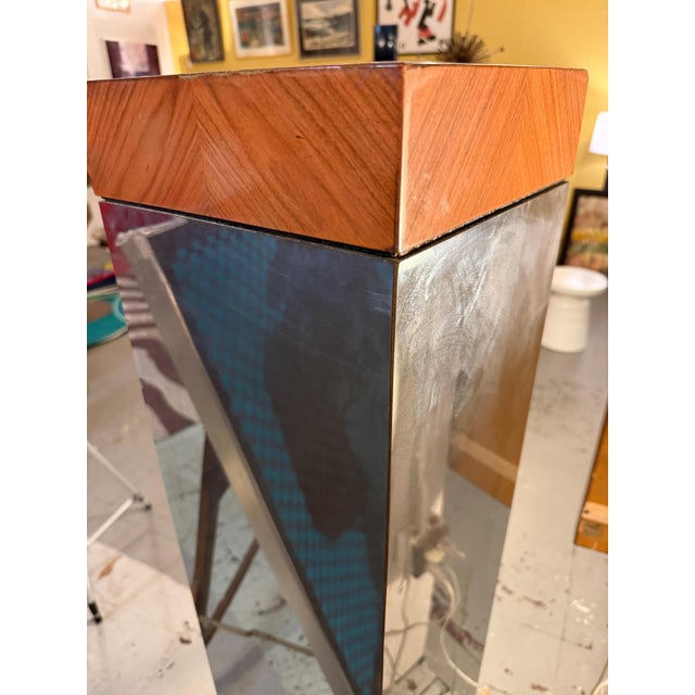 Large Mirrored Column Pedestal With Woodgrain Top For Sale In Los Angeles - Image 6 of 6
