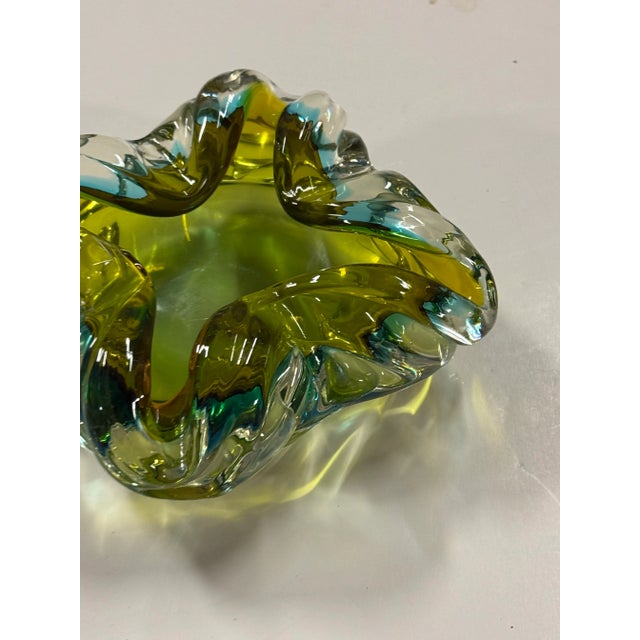 Mid-Century Modern Murano Style Hand Blown Green With Blue Ashtray For Sale - Image 3 of 12