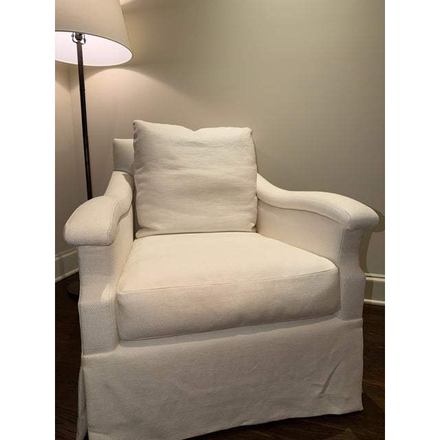 Pair of Brand New Gregorius Pineo Londoner II Chairs with cushioned seat. Chairs are upholstered in Great Plains Linen in...