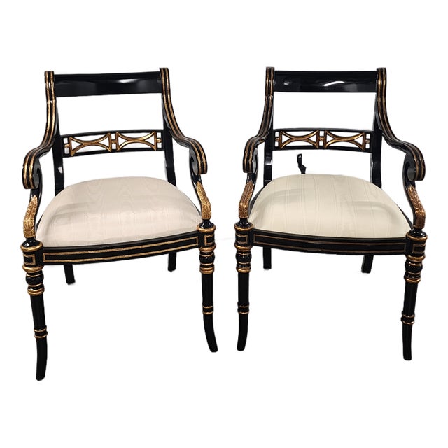 Maitland-Smith Regency Style Ebonized & Gilt Armchairs- A Pair For Sale